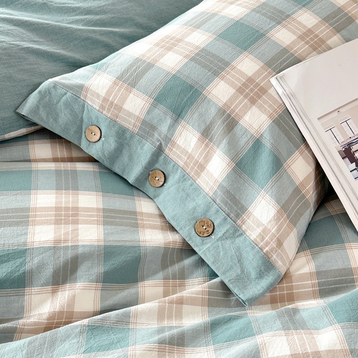 91家纺网 家纺一手货源 找家纺 琉宿家纺 2025新款纽扣款水洗棉四件套 云初绿