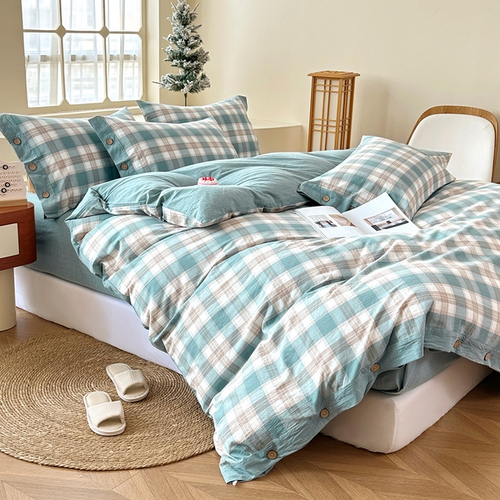 91家纺网 家纺一手货源 找家纺 琉宿家纺 2025新款纽扣款水洗棉四件套 云初绿