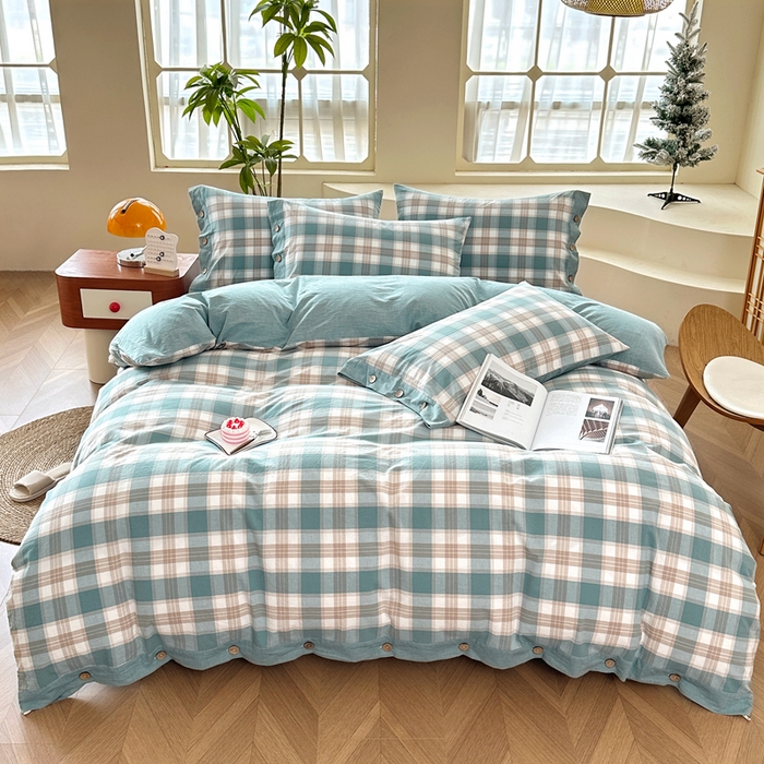 琉宿家纺 2025新款纽扣款水洗棉四件套 云初绿