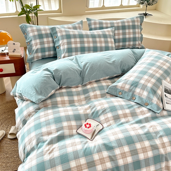 91家纺网 家纺一手货源 找家纺 琉宿家纺 2025新款纽扣款水洗棉四件套 云初绿