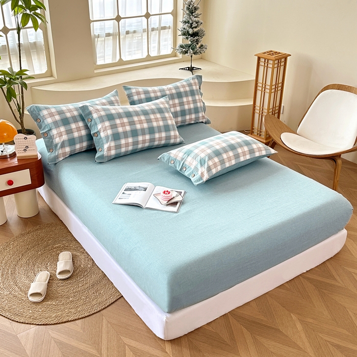 91家纺网 家纺一手货源 找家纺 琉宿家纺 2025新款纽扣款水洗棉四件套 云初绿