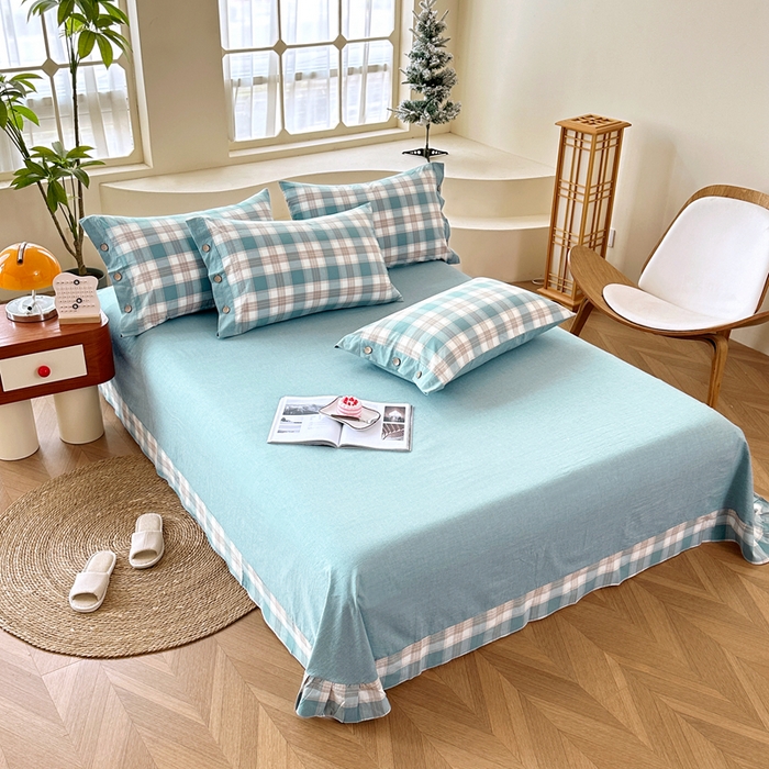 91家纺网 家纺一手货源 找家纺 琉宿家纺 2025新款纽扣款水洗棉四件套 云初绿