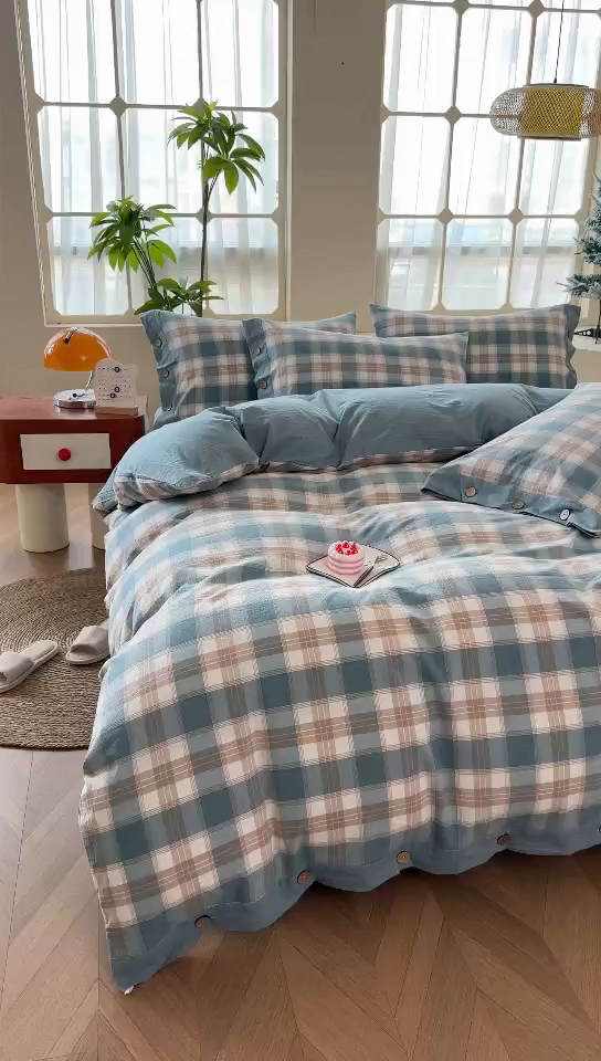 91家纺网 家纺一手货源 找家纺 琉宿家纺 2025新款纽扣款水洗棉四件套 云初绿