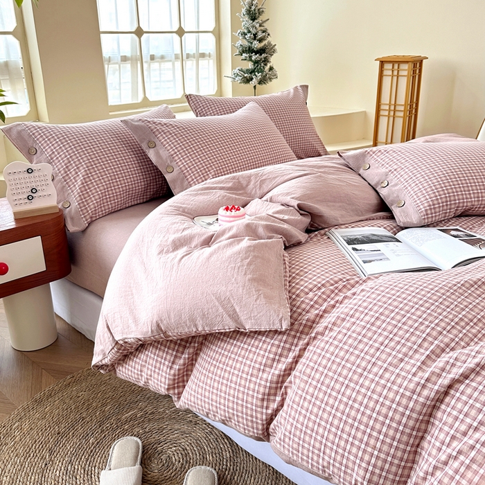 91家纺网 家纺一手货源 找家纺 琉宿家纺 2025新款纽扣款水洗棉四件套 悠悠咖