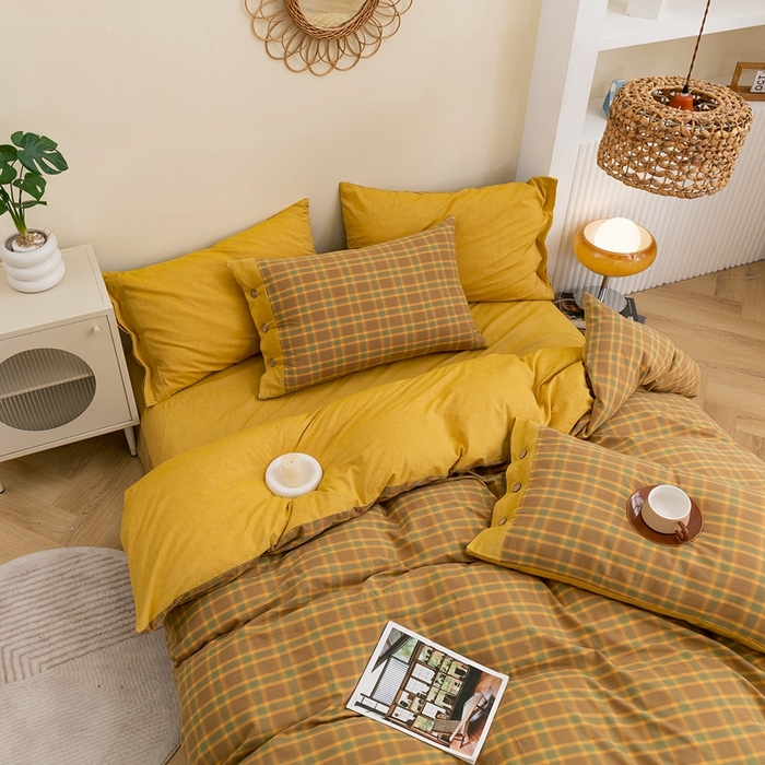 91家纺网 家纺一手货源 找家纺 琉宿家纺 2025新款纽扣款水洗棉四件套 舒恋咖