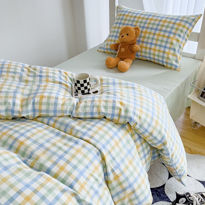 91家纺网 家纺一手货源 找家纺 久典家居 2025A类全棉色织水洗棉学生款三件套 彩虹绿