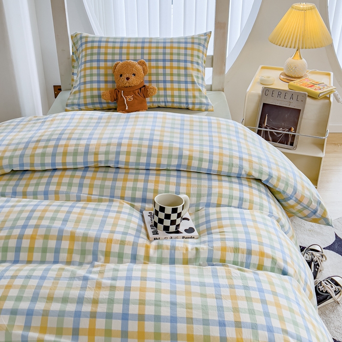 91家纺网 家纺一手货源 找家纺 久典家居 2025A类全棉色织水洗棉学生款三件套 彩虹绿