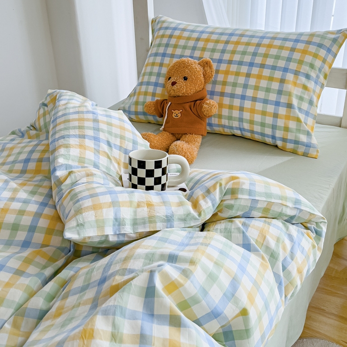 91家纺网 家纺一手货源 找家纺 久典家居 2025A类全棉色织水洗棉学生款三件套 彩虹绿