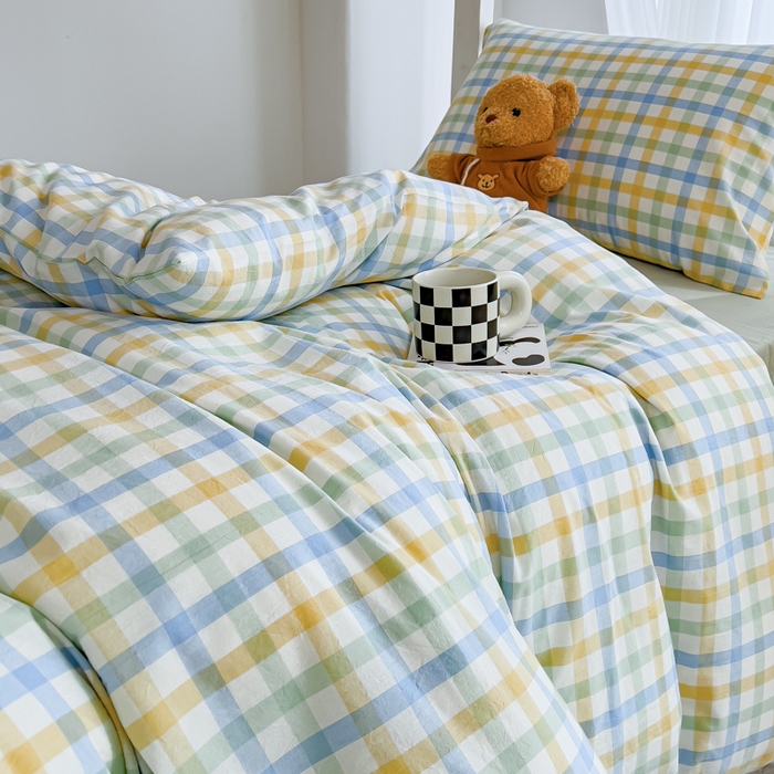 91家纺网 家纺一手货源 找家纺 久典家居 2025A类全棉色织水洗棉学生款三件套 彩虹绿