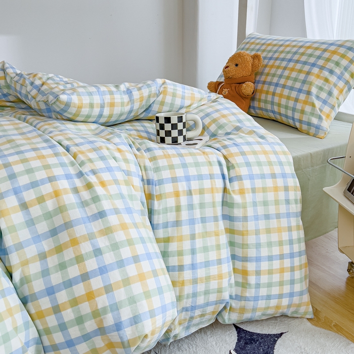 91家纺网 家纺一手货源 找家纺 久典家居 2025A类全棉色织水洗棉学生款三件套 彩虹绿