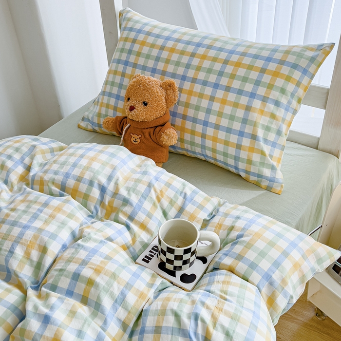 91家纺网 家纺一手货源 找家纺 久典家居 2025A类全棉色织水洗棉学生款三件套 彩虹绿