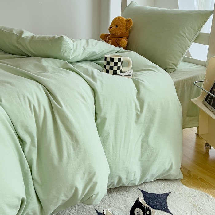 91家纺网 家纺一手货源 找家纺 久典家居 2025A类全棉色织水洗棉学生款三件套 果绿