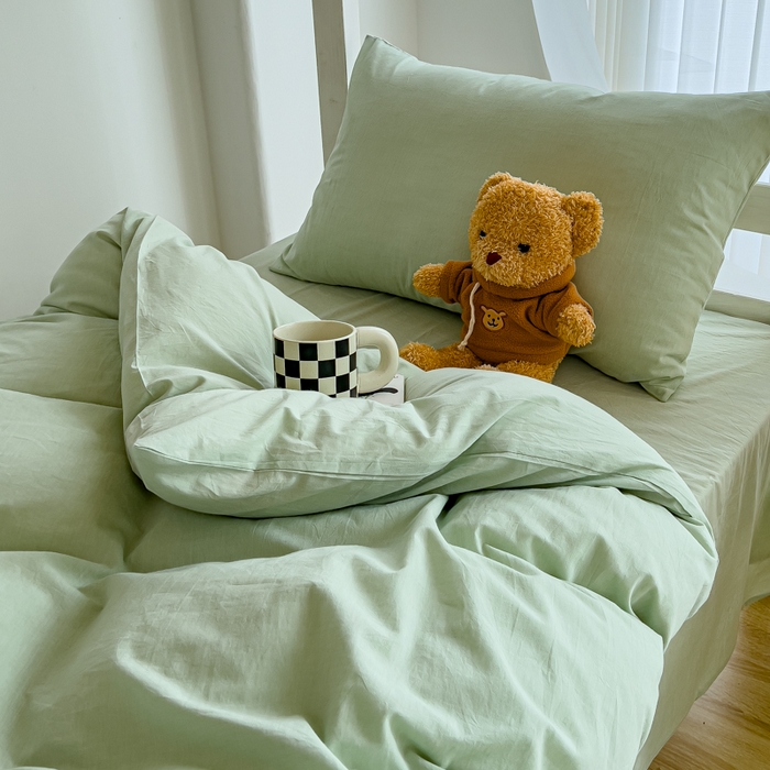 91家纺网 家纺一手货源 找家纺 久典家居 2025A类全棉色织水洗棉学生款三件套 果绿