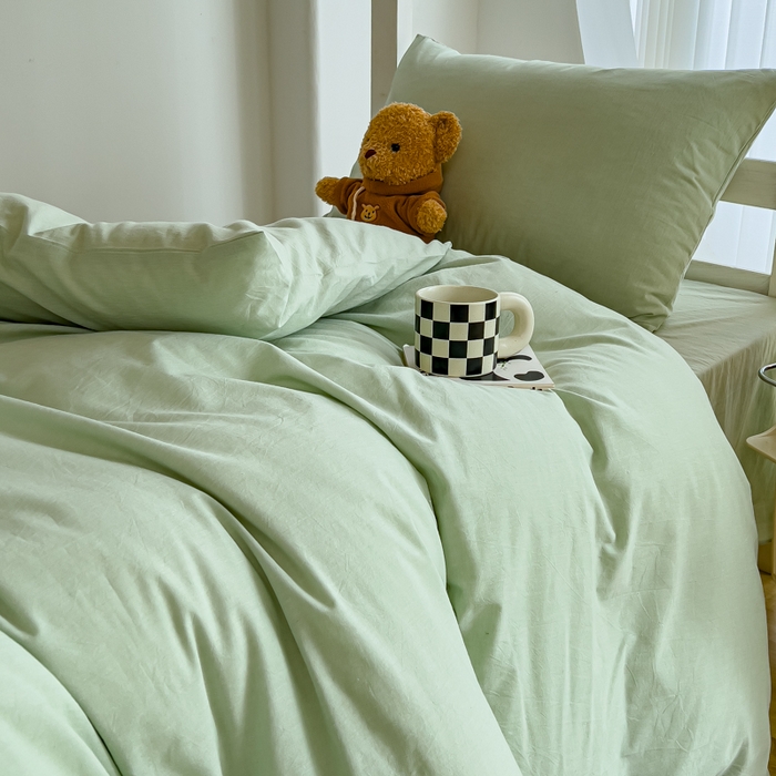 91家纺网 家纺一手货源 找家纺 久典家居 2025A类全棉色织水洗棉学生款三件套 果绿