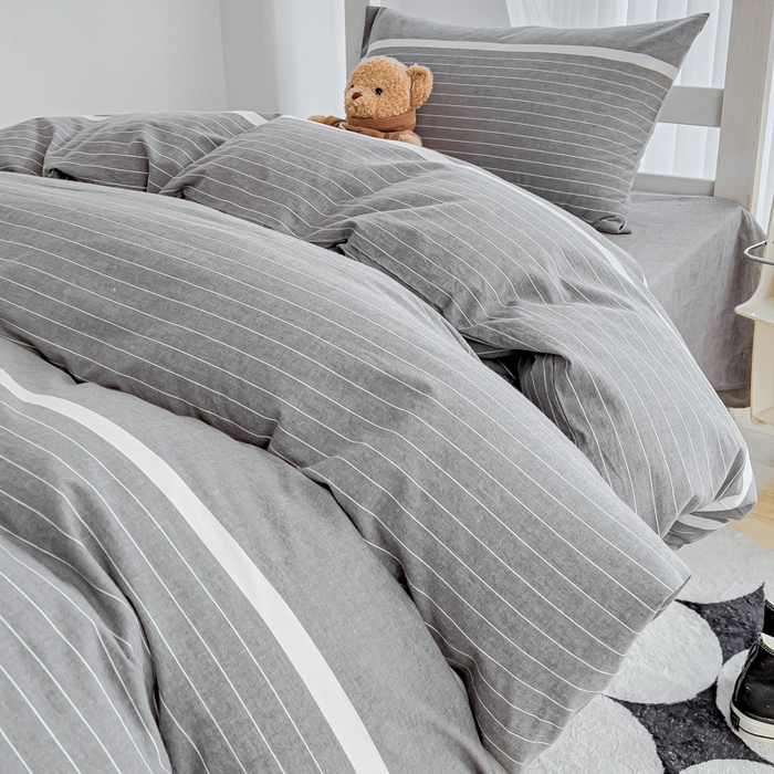 91家纺网 家纺一手货源 找家纺 久典家居 2025A类全棉色织水洗棉学生款三件套 极简灰