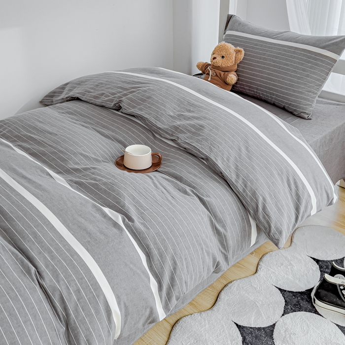 91家纺网 家纺一手货源 找家纺 久典家居 2025A类全棉色织水洗棉学生款三件套 极简灰