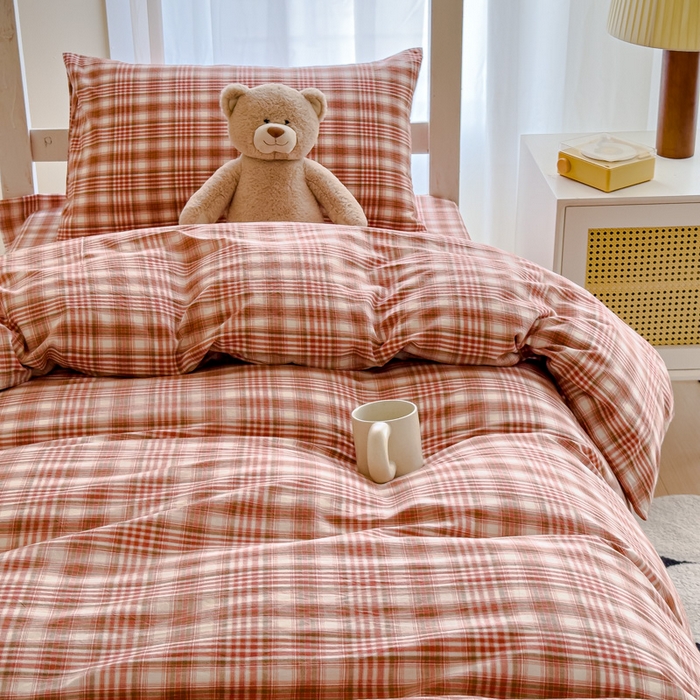 91家纺网 家纺一手货源 找家纺 久典家居 2025A类全棉色织水洗棉学生款三件套 可可粉