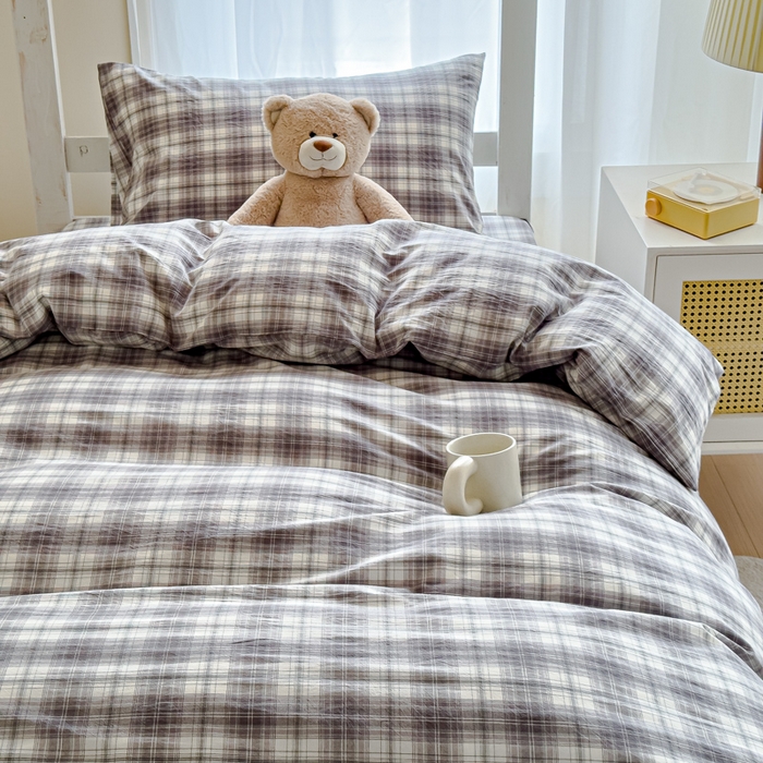 91家纺网 家纺一手货源 找家纺 久典家居 2025A类全棉色织水洗棉学生款三件套 可可灰