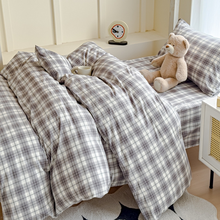 91家纺网 家纺一手货源 找家纺 久典家居 2025A类全棉色织水洗棉学生款三件套 可可灰