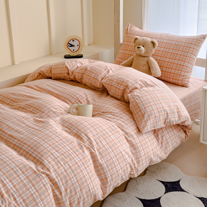 91家纺网 家纺一手货源 找家纺 久典家居 2025A类全棉色织水洗棉学生款三件套 可可桔