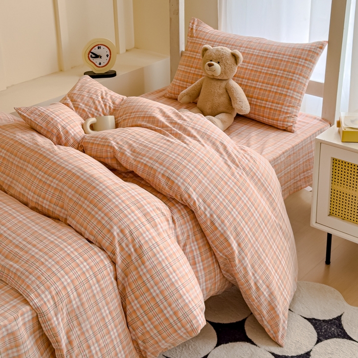 91家纺网 家纺一手货源 找家纺 久典家居 2025A类全棉色织水洗棉学生款三件套 可可桔