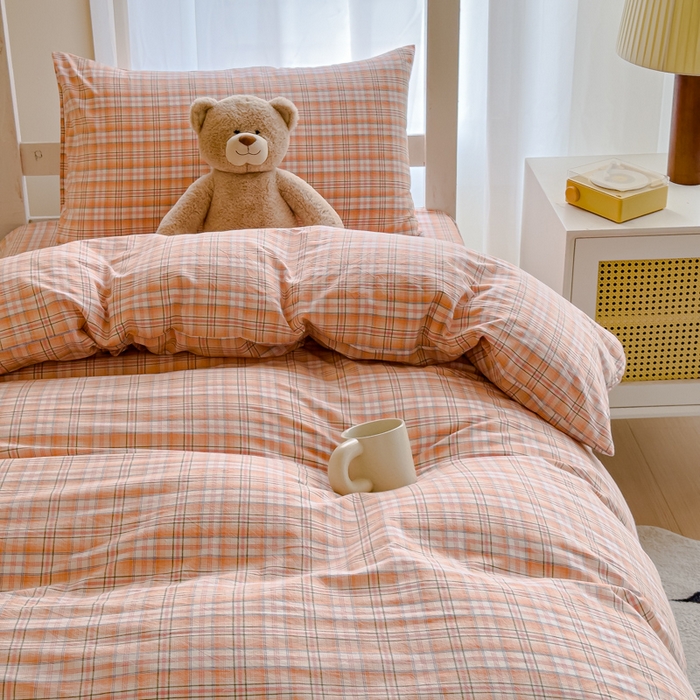 91家纺网 家纺一手货源 找家纺 久典家居 2025A类全棉色织水洗棉学生款三件套 可可桔