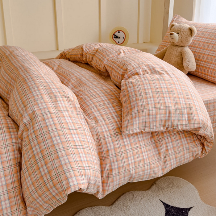 91家纺网 家纺一手货源 找家纺 久典家居 2025A类全棉色织水洗棉学生款三件套 可可桔