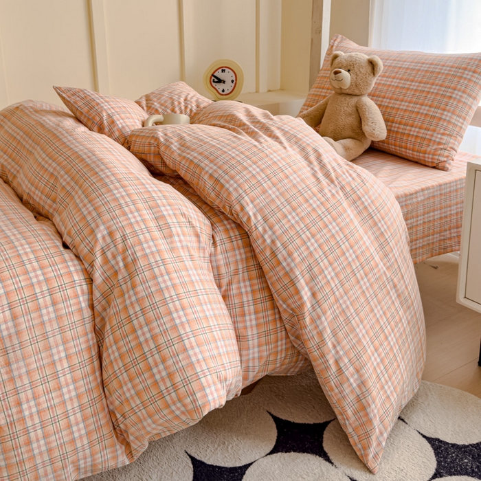 91家纺网 家纺一手货源 找家纺 久典家居 2025A类全棉色织水洗棉学生款三件套 可可桔