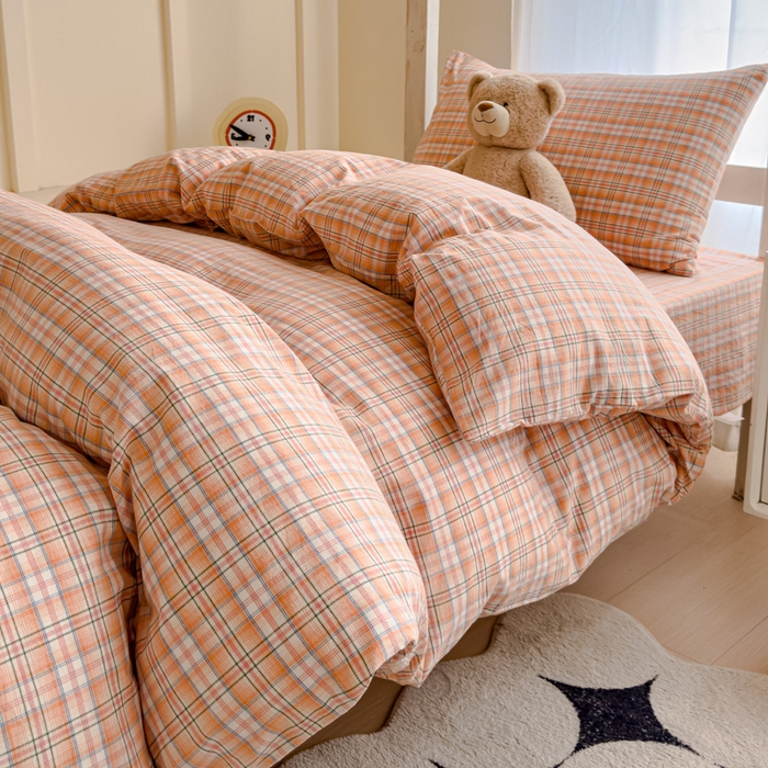 91家纺网 家纺一手货源 找家纺 久典家居 2025A类全棉色织水洗棉学生款三件套 可可桔