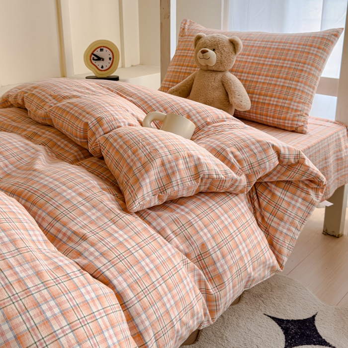 91家纺网 家纺一手货源 找家纺 久典家居 2025A类全棉色织水洗棉学生款三件套 可可桔