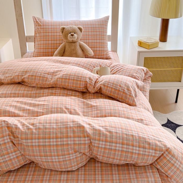 91家纺网 家纺一手货源 找家纺 久典家居 2025A类全棉色织水洗棉学生款三件套 可可桔