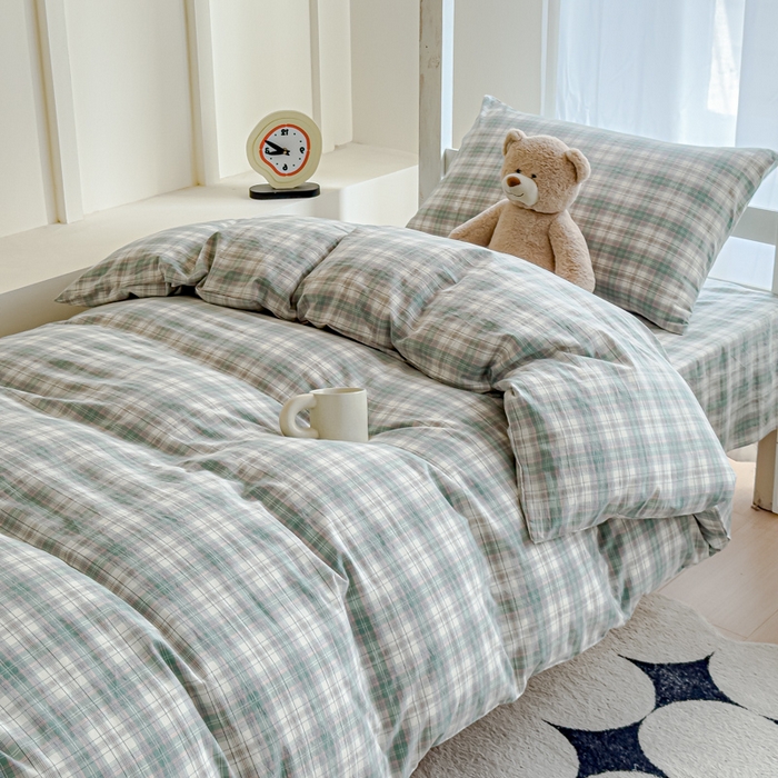 91家纺网 家纺一手货源 找家纺 久典家居 2025A类全棉色织水洗棉学生款三件套 可可绿