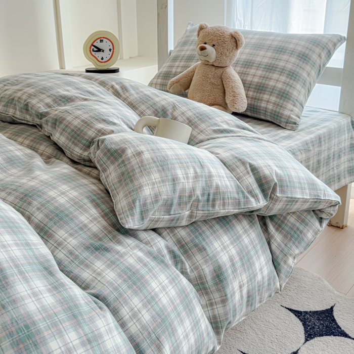 91家纺网 家纺一手货源 找家纺 久典家居 2025A类全棉色织水洗棉学生款三件套 可可绿