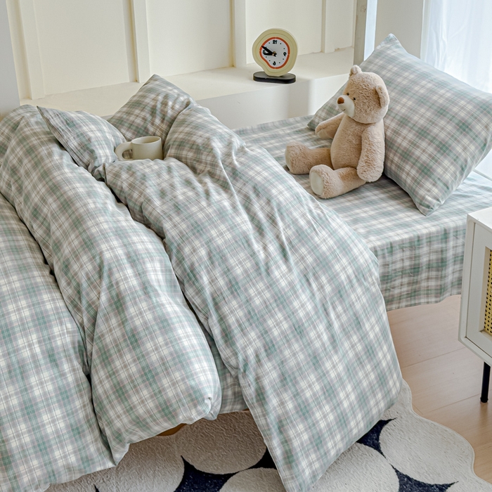 91家纺网 家纺一手货源 找家纺 久典家居 2025A类全棉色织水洗棉学生款三件套 可可绿