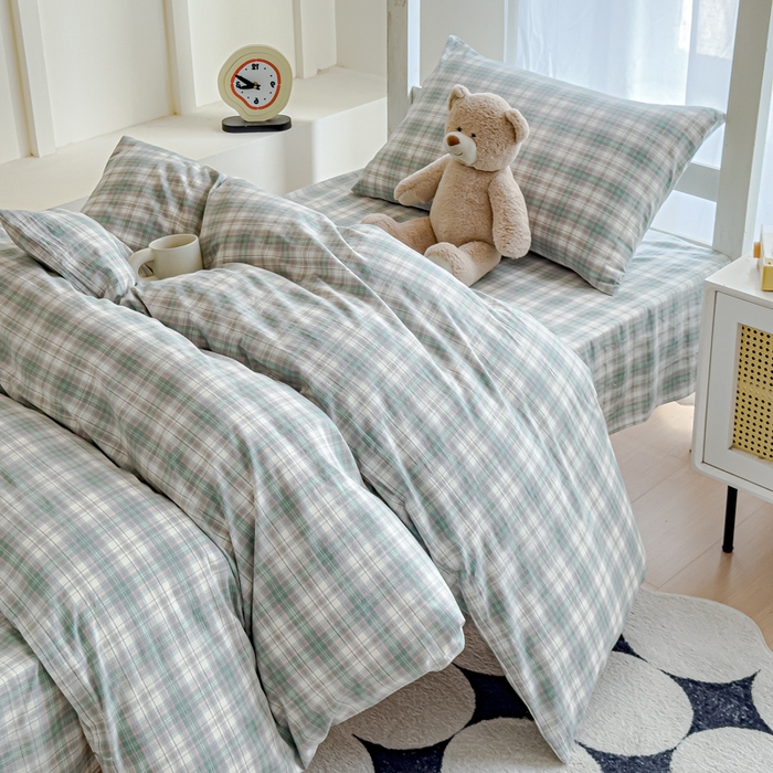 91家纺网 家纺一手货源 找家纺 久典家居 2025A类全棉色织水洗棉学生款三件套 可可绿