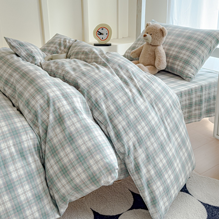 91家纺网 家纺一手货源 找家纺 久典家居 2025A类全棉色织水洗棉学生款三件套 可可绿