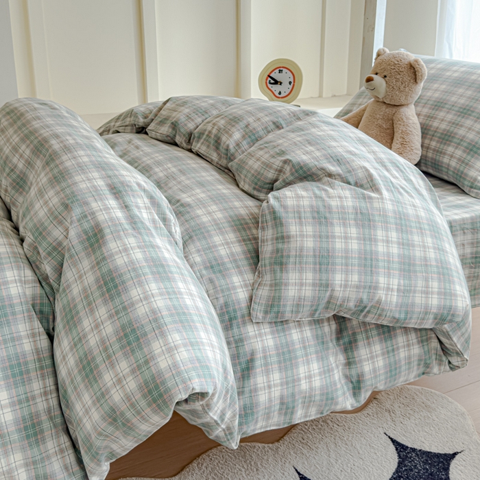 91家纺网 家纺一手货源 找家纺 久典家居 2025A类全棉色织水洗棉学生款三件套 可可绿