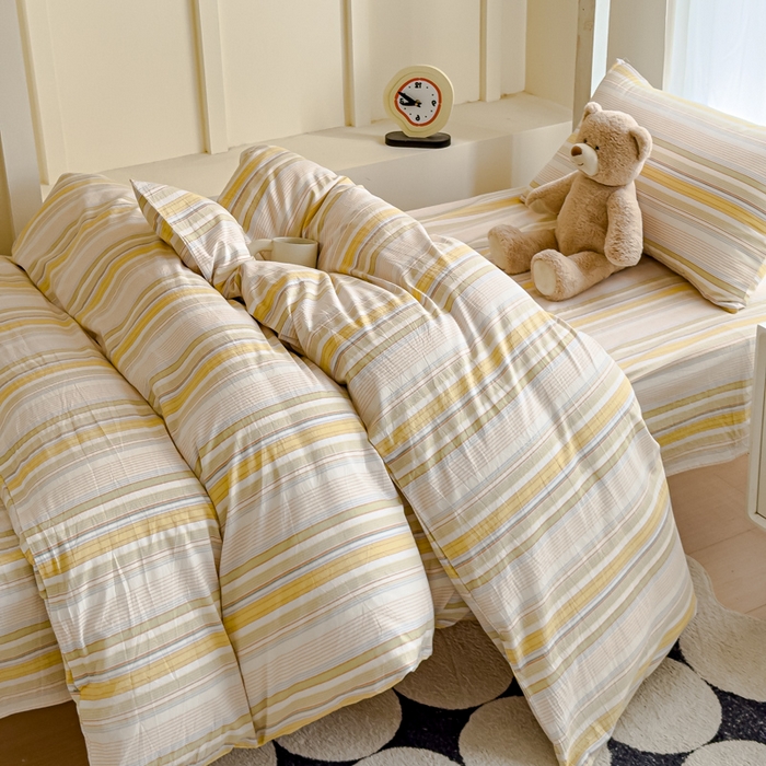 91家纺网 家纺一手货源 找家纺 久典家居 2025A类全棉色织水洗棉学生款三件套 沐妍黄