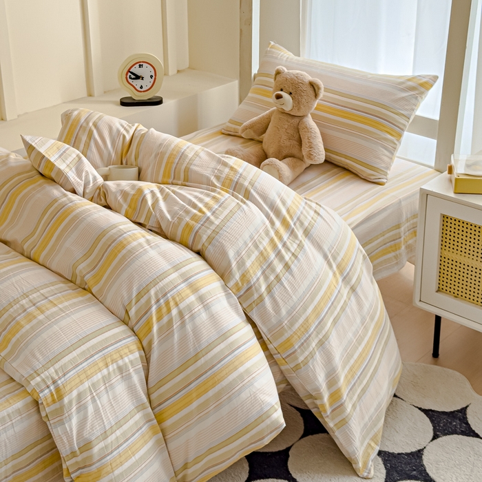 91家纺网 家纺一手货源 找家纺 久典家居 2025A类全棉色织水洗棉学生款三件套 沐妍黄