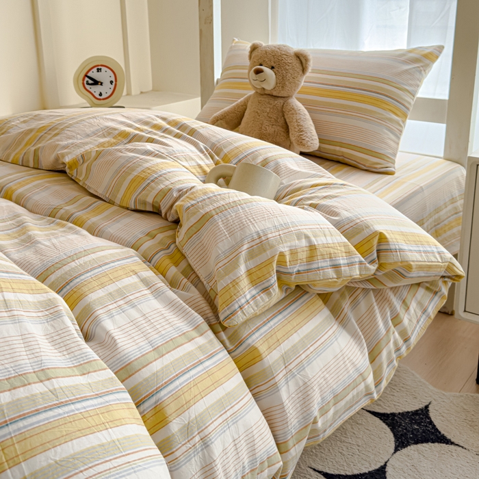 91家纺网 家纺一手货源 找家纺 久典家居 2025A类全棉色织水洗棉学生款三件套 沐妍黄