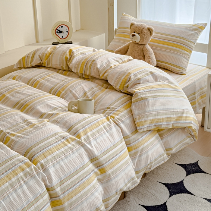 91家纺网 家纺一手货源 找家纺 久典家居 2025A类全棉色织水洗棉学生款三件套 沐妍黄