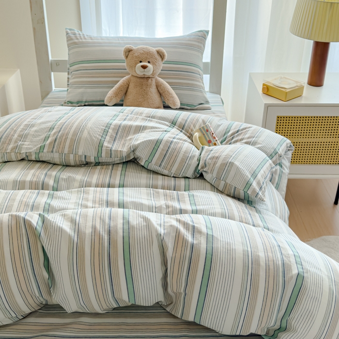 91家纺网 家纺一手货源 找家纺 久典家居 2025A类全棉色织水洗棉学生款三件套 沐妍绿