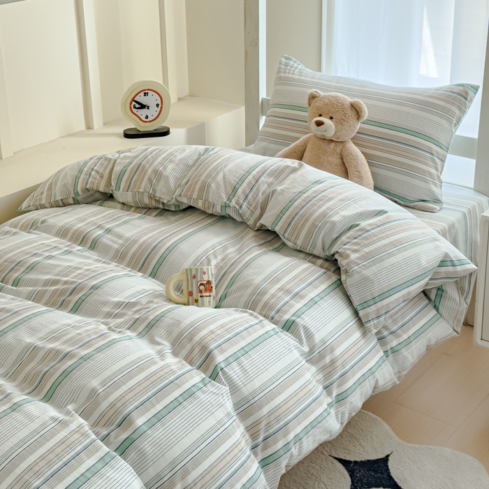 91家纺网 家纺一手货源 找家纺 久典家居 2025A类全棉色织水洗棉学生款三件套 沐妍绿