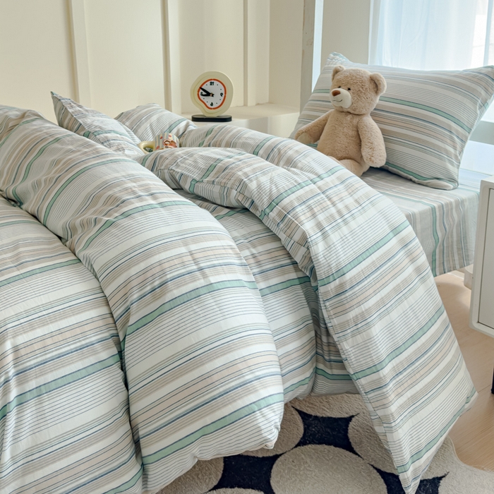 91家纺网 家纺一手货源 找家纺 久典家居 2025A类全棉色织水洗棉学生款三件套 沐妍绿