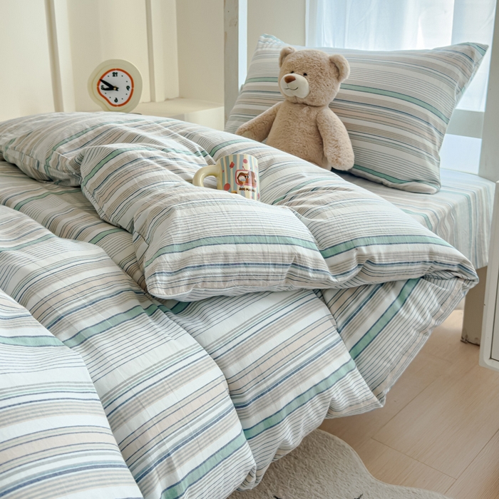 91家纺网 家纺一手货源 找家纺 久典家居 2025A类全棉色织水洗棉学生款三件套 沐妍绿