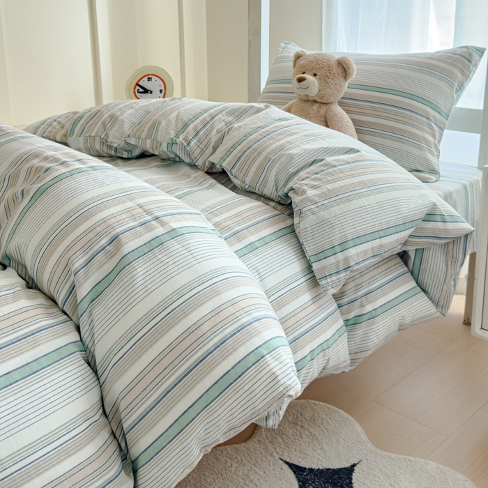 91家纺网 家纺一手货源 找家纺 久典家居 2025A类全棉色织水洗棉学生款三件套 沐妍绿