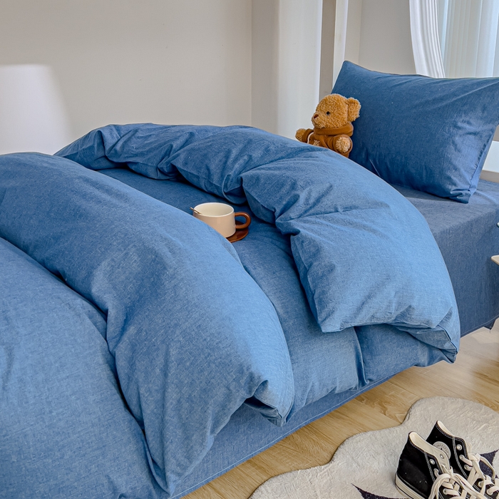 91家纺网 家纺一手货源 找家纺 久典家居 2025A类全棉色织水洗棉学生款三件套 牛仔蓝