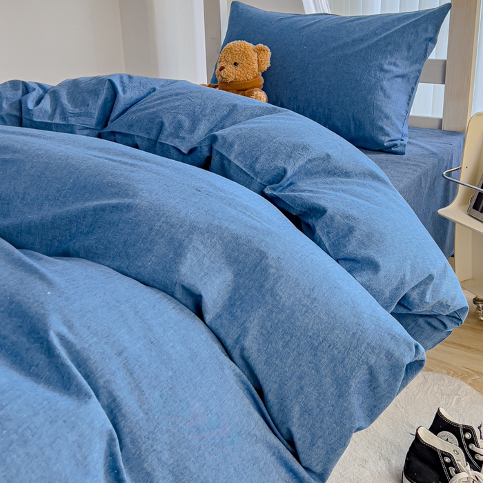 91家纺网 家纺一手货源 找家纺 久典家居 2025A类全棉色织水洗棉学生款三件套 牛仔蓝