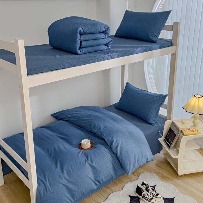 91家纺网 家纺一手货源 找家纺 久典家居 2025A类全棉色织水洗棉学生款三件套 牛仔蓝