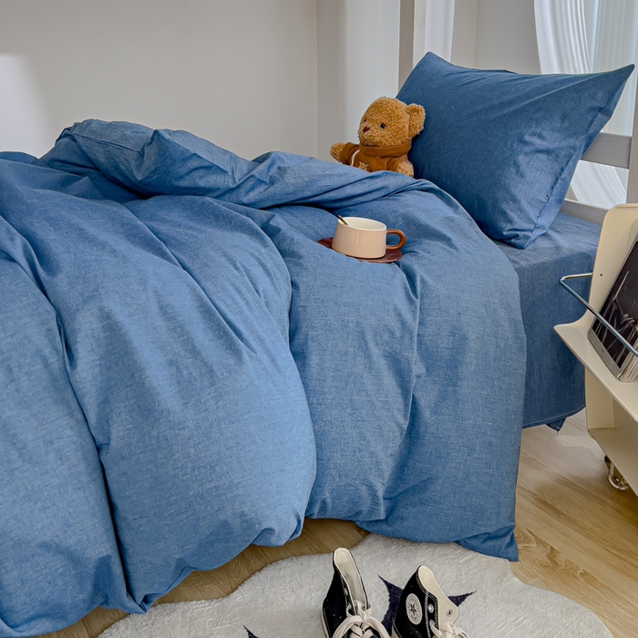 91家纺网 家纺一手货源 找家纺 久典家居 2025A类全棉色织水洗棉学生款三件套 牛仔蓝